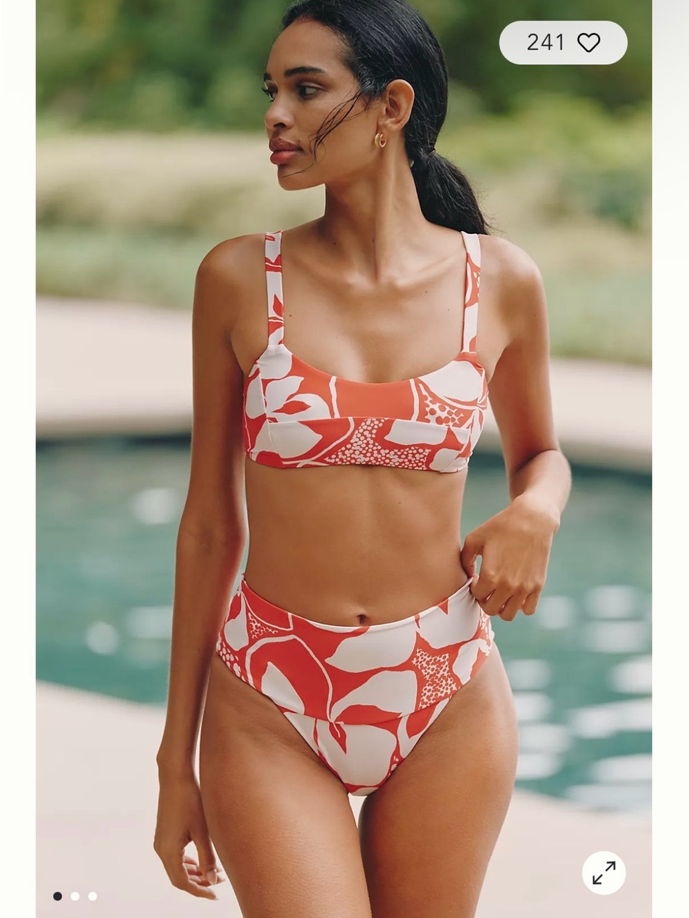 Anthropologie Coral & White Floral High-Waist Bikini Set